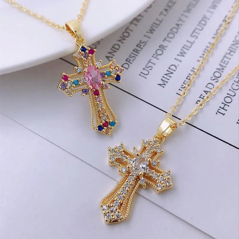 Zircon Cross Shiny Pendant Stainless Steel Necklace
