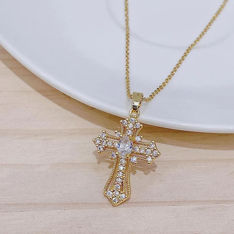 Zircon Cross Shiny Pendant Stainless Steel Necklace
