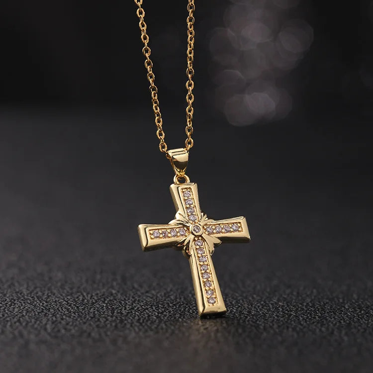Zircon Cross Shiny Pendant Stainless Steel Necklace
