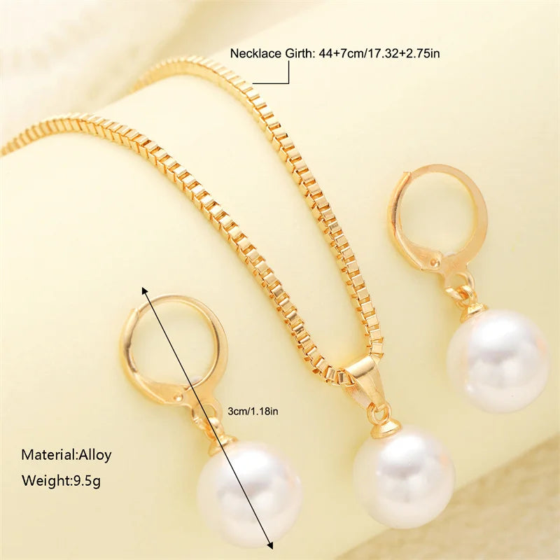 3Pcs Round Pearl Jewelry Set Of Earring Pendant Necklace