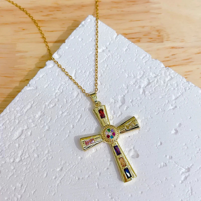 Zircon Cross Shiny Pendant Stainless Steel Necklace