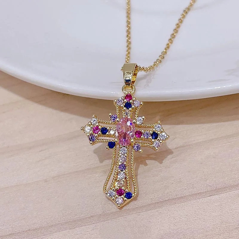 Zircon Cross Shiny Pendant Stainless Steel Necklace