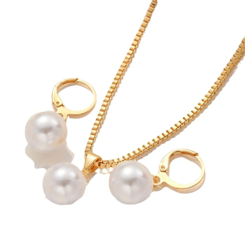 3Pcs Round Pearl Jewelry Set Of Earring Pendant Necklace