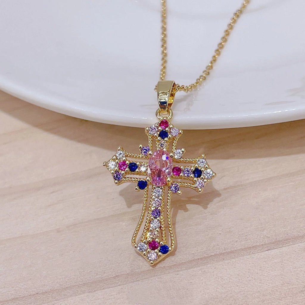 Zircon Cross Shiny Pendant Stainless Steel Necklace
