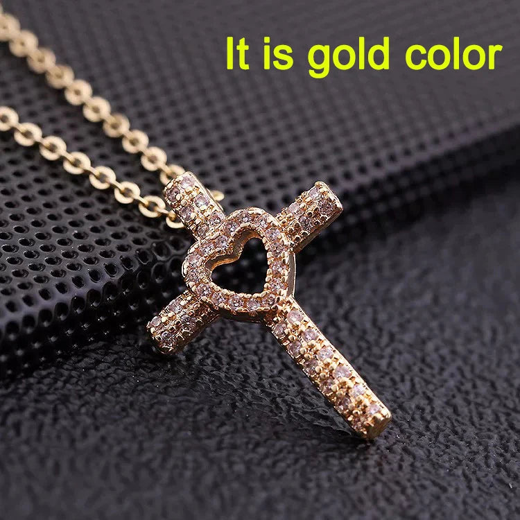 Zircon Cross Shiny Pendant Stainless Steel Necklace