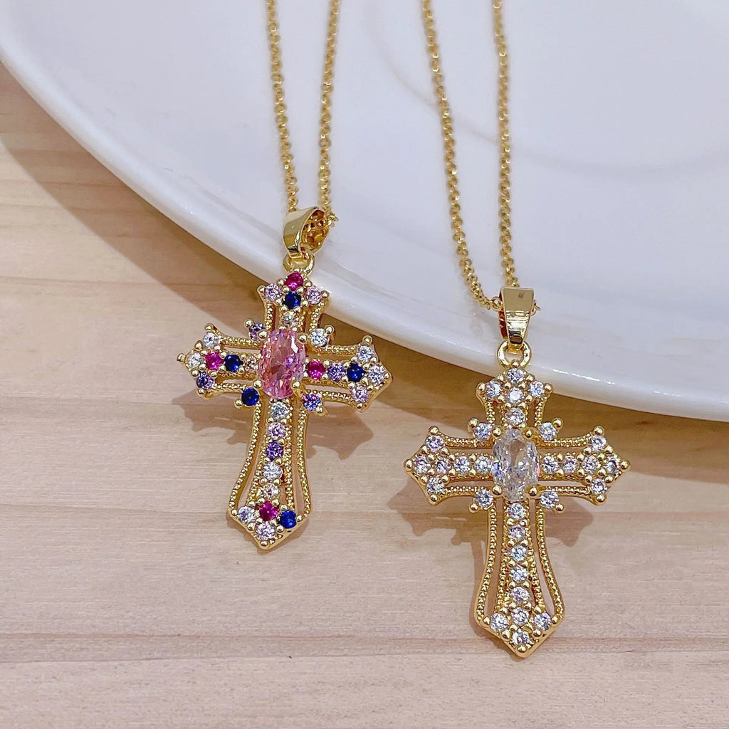 Zircon Cross Shiny Pendant Stainless Steel Necklace