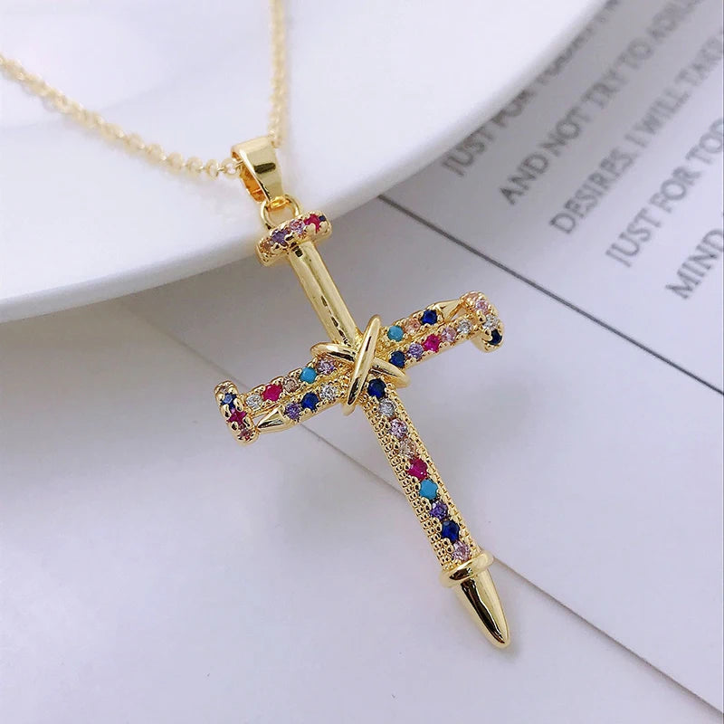 Zircon Cross Shiny Pendant Stainless Steel Necklace
