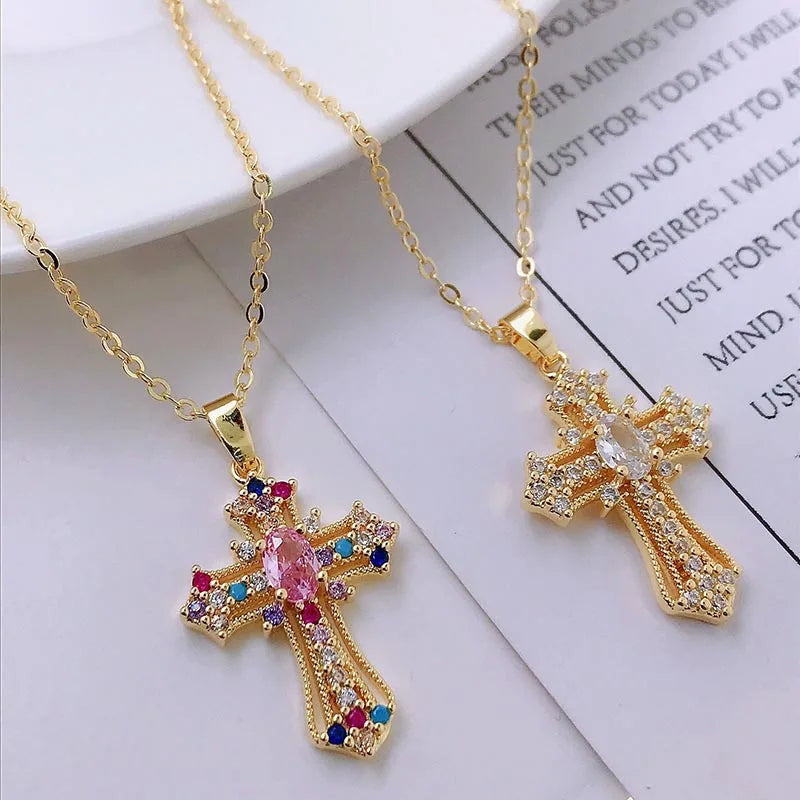 Zircon Cross Shiny Pendant Stainless Steel Necklace