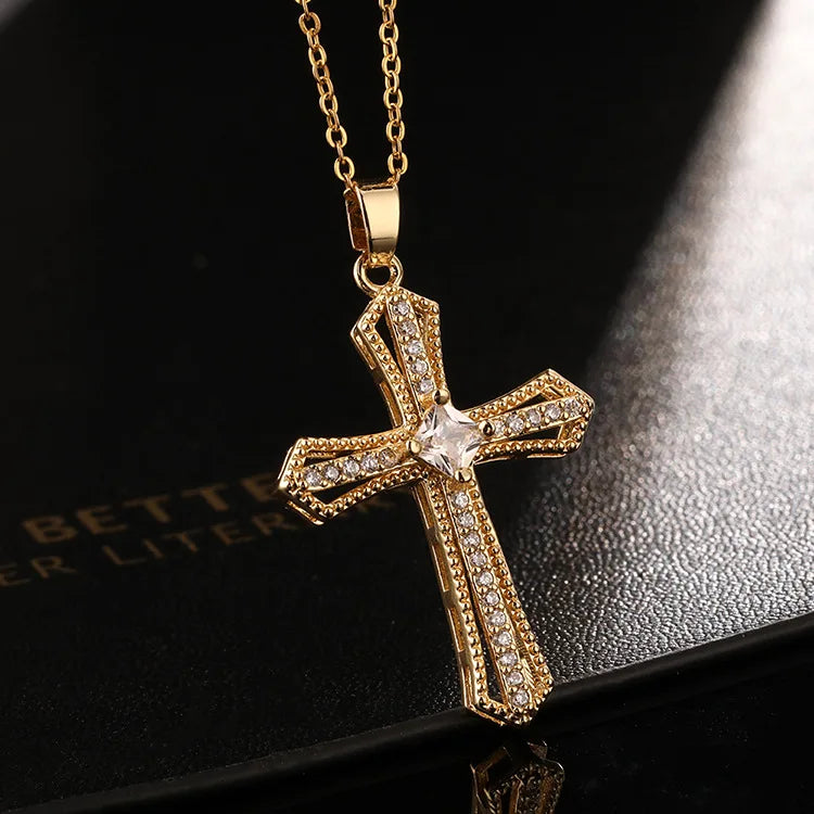 Zircon Cross Shiny Pendant Stainless Steel Necklace