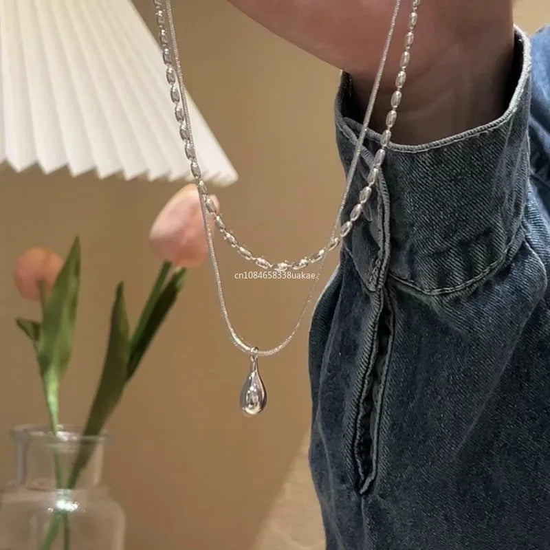 SILVER SIMPLE DESIGN DROP PENDANT NECKLACE