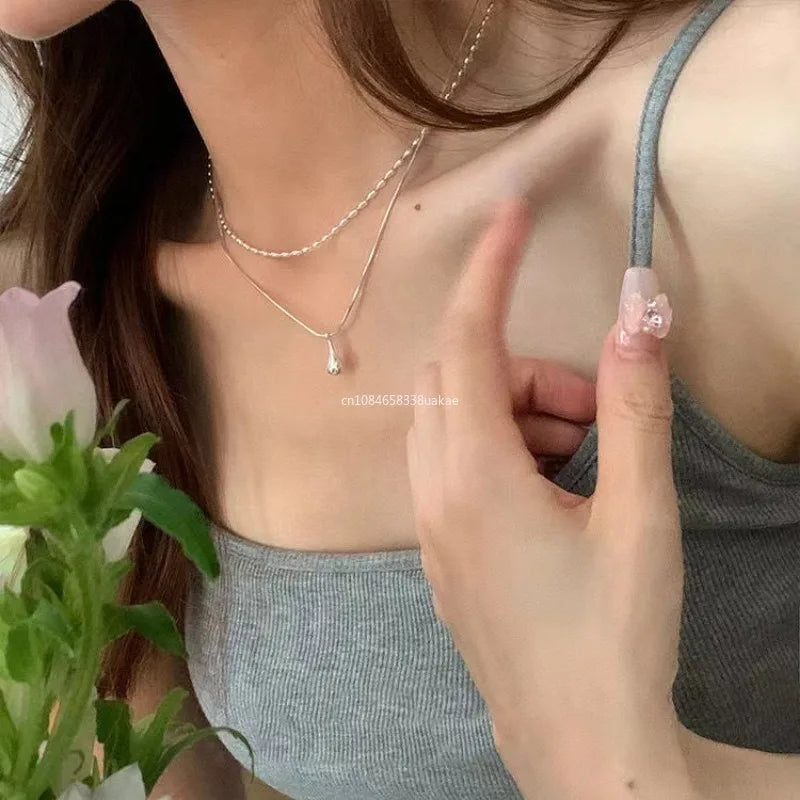 SILVER SIMPLE DESIGN DROP PENDANT NECKLACE