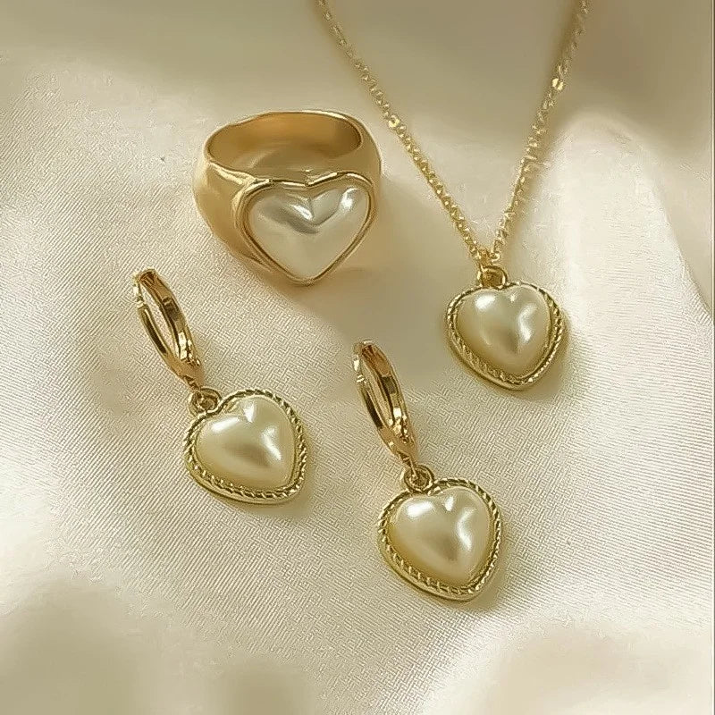 3Pcs Round Pearl Jewelry Set Of Earring Pendant Necklace