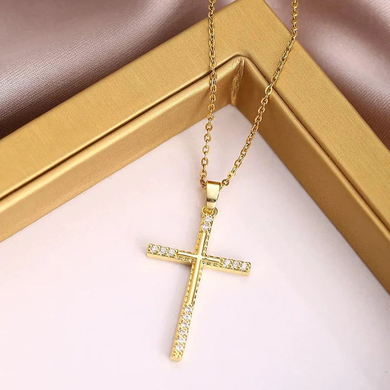 Zircon Cross Shiny Pendant Stainless Steel Necklace